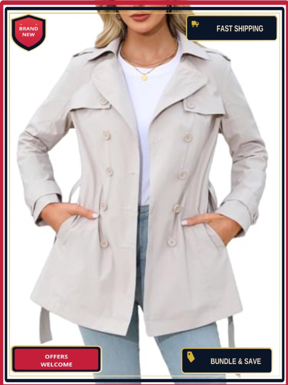 Women's Double-Breasted Trench Coat Water Resistant with Belt